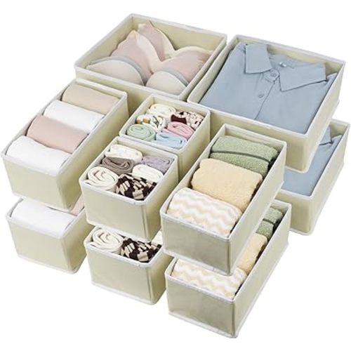 Drawer Organizer Clothes, Foldable Fabric Dresser Organizer Closet Organizers and Storage Box for Underwear,Folded Clothes,Baby Clothing,Socks,Bra,Towels,Ties(12 Pack,Yellow)