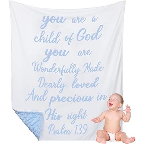 Rtteri Christian Baby Gifts Plush Baby Blanket with Dotted Backing First Communion Gift Baptism Blanket Scripture Swaddle Bible Verse for Newborn Boy Girl Christening Godchild Gift(Blue and White)