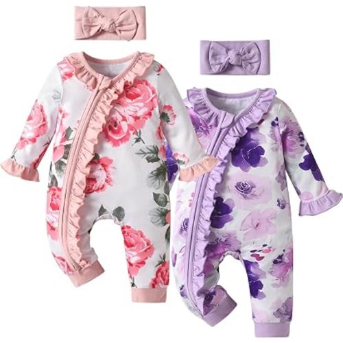 Newborn Baby Girls One Piece Romper Infant Long Sleeve Zipper Romper Headband - 2 Pack