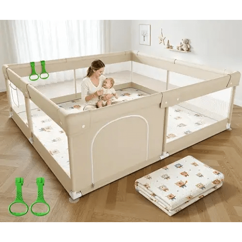 ZEEBABA Baby Playpen with Mat, 47x47in Beige for Babies & Toddlers | Machine Washable PlayMat cuts tedious scrubbing, Suction frame stops kid shifting, Outer zipper opens only externally