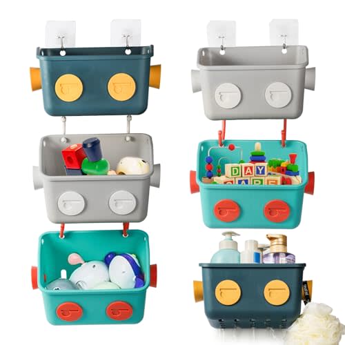 Noamus 6 Pack Bath Toy Storage Organizer Basket, 3 Layers Wall Mounted Hanging Shower Caddy, Plastic Robot Modeling Kitchen Shelf with Hook, No Drilling Colorful Toy Holder for Kid Bathtub Shampoo