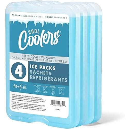 Cool Coolers by Fit & Fresh 4 Pack XL Slim Ice Packs, Quick Freeze Space Saving Reusable Ice Packs for Lunch Boxes or Coolers, Blue, 239ICE, 4 count (Pack of 1)
