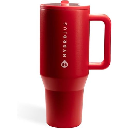 HydroJug Traveler - 32 oz Water Bottle with Handle & Flip Straw - Fits in Cup Holder, Leak Resistant Tumbler-Reusable Insulated Stainless Steel & Rubber Base - Gifts for Women & Men, Alumni Red