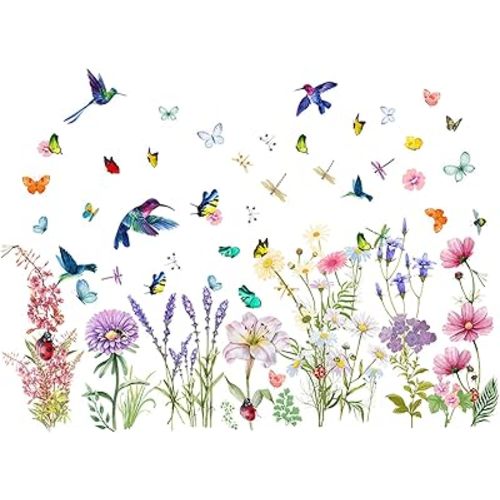 Spring Flower Stickers, Chrysanthemums Lavender Lily Birds Butterflies Dragonflies Ladybugs Spring Wall Decals, Floral Wall Decals Peel and Stick Walls Art Garden Decal, Floral Butterfly Walls Decor