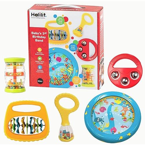 Halilit Baby's First Toy Instrument Set, Includes Shaker, Drum, Maracas, Bells and Rainbow Shaker