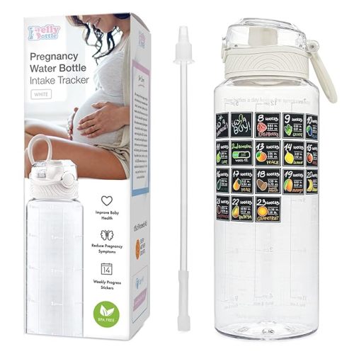 BellyBottle Pregnancy Water Bottle Tracker – Pregnancy Must Haves First Trimester – Pregnant Gifts for Expecting Mom – Essentials Nausea Relief – Weekly Stickers + Straw + BPA Free – Tidye
