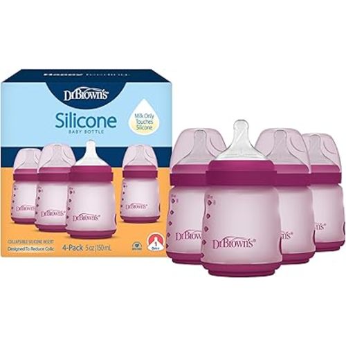 Dr. Brown's Silicone Baby Bottle with Collapsible Insert Designed to Reduce Colic, 5 oz with Wide-Neck Level 1 Slow Flow Nipple, BPA-Free, 0m+, Pink, 4-Pack