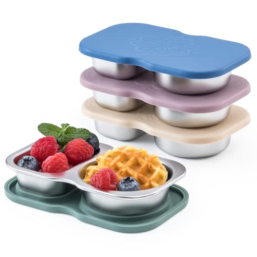 VITEVER 4 Pack Stainless Steel 2-Compartment Snack Containers with Lids, Reusable Snack Pack Containers, Lunch Box Accessories,Double Compartment Salad Dressing Containers to Go, 5.3oz