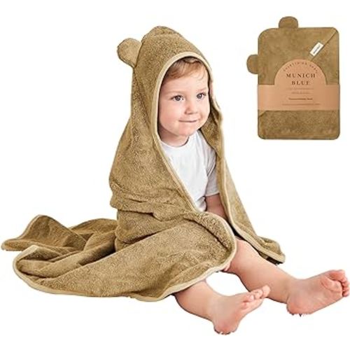 Munich Blue Toddler Bath Towel for Boys & Girls - Soft Baby Bath Towels with Cute Bear Ears - Cozy Baby & Toddler Towels, 600 GSM, 35x35 inch (Brown Sugar)