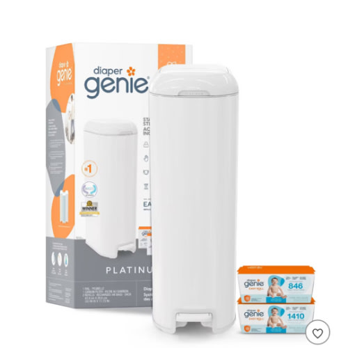 Diaper Genie Platinum Pail Gift Set, Lily White, Made of Durable Stainless Steel and Includes 2 Easy Roll Refills with 18 Bags and 30 Bags