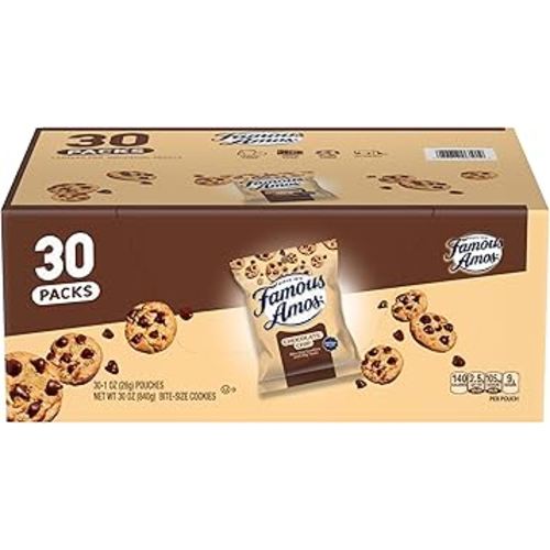 Famous Amos Original Recipe Chocolate Chip Bite-Size Cookies, 30 Pack Box, 30 oz