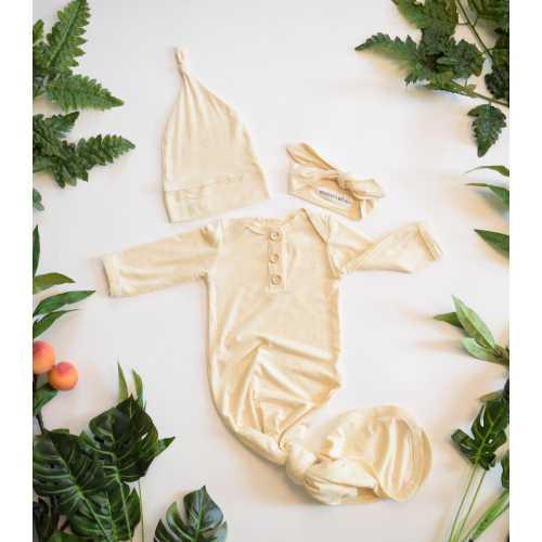 Heather Butter Cream, Gender Neutral Newborn Knotted Gown Set: Baby Outfit Made in USA