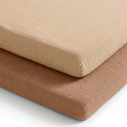 Comfy Cubs Muslin Fitted Bassinet Crib Sheet, Extra Soft 100% Muslin Cotton - 2 Pack, Cedar and Cream