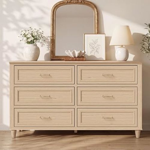 6 Drawer Nightstand for Bedroom, 54" Wide Modern Bedside Table with Metal Handles