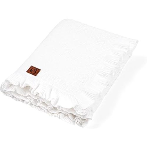 Ruffle Knit Blanket for Baby - 100% Luxury Soft Cotton Knit Warm Cozy Cuddle Stroller Crib Blanket for Newborns, Infants, & Toddlers (White)