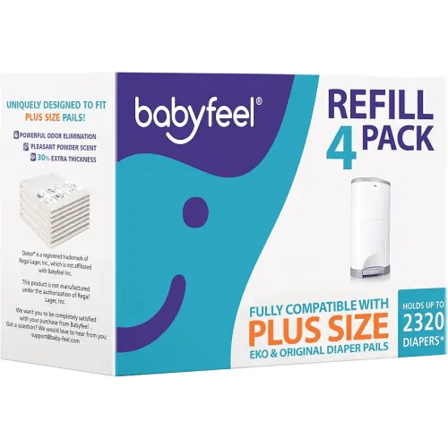 Babyfeel Refills Compatible with DEKOR PLUS Diaper Pails | 4 Pack | Exclusive 30% Extra Thickness | Diaper Pail Refills with Powerful Odor Elimination | Fresh Powder Scent | Holds up to 2320 Diapers