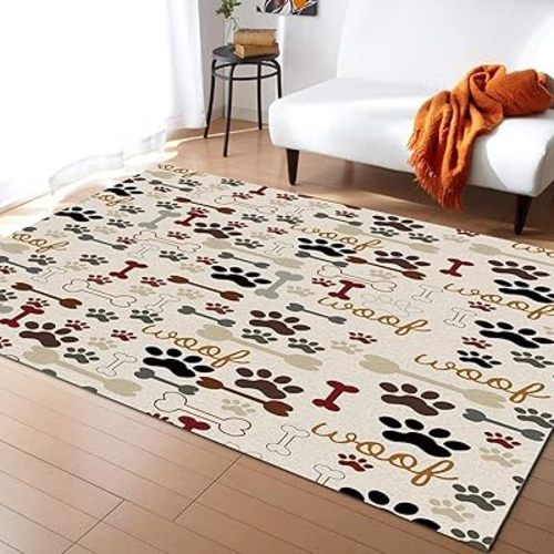 Modern Cartoon Cute Area Rug for Living Room, Black and Brown Dog Paw Prints Art Rugs, Durable Non-Slip Breathable Washable Floor Carpet for Pet Bedroom Entryway Hallway Front Porch-3x5ft