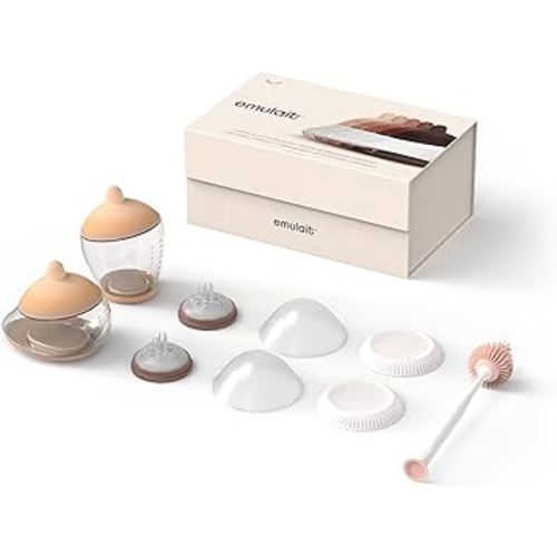 Emulait Baby Bottle Starter Kit Includes 2 Bottles 2 Nipples 2 Caps 2 Lids 2 Responsive Flow Valves, Cleaning Brush - Light - Shape 2-RFV