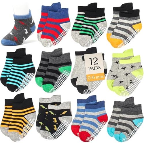 CozyWay Baby & Toddler Socks with Grippers Non Slip Ankle Grip Socks For Boys and Girls - Comfy Soft Cotton - 12 Pack