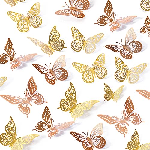 SAOROPEB 3D Butterfly Wall Decor, 48 Pcs 4 Styles 2 Color 3 Sizes, Removable Metallic Wall Sticker Room Mural Decals for Kids Bedroom Nursery Classroom Party Decoration (2 Color)