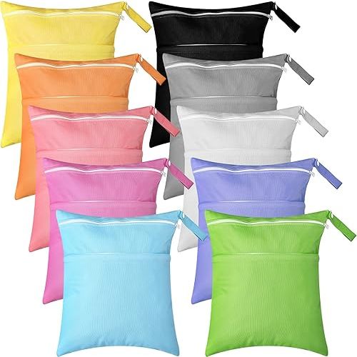 Woanger 10 Pcs Wet Dry Bags for Baby Cloth Diapers Waterproof Reusable Wet Bags with Two Zippered Pockets Travel Laundry for Swimsuit Beach Pool Daycare Yoga Gym Dirty Clothes, 10 Colors