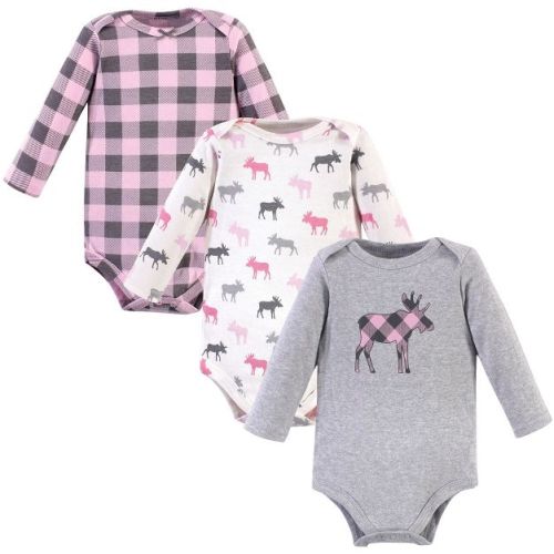 Hudson Baby Infant Girl Cotton Long-Sleeve Bodysuits, Pink Moose, 0-3 Months