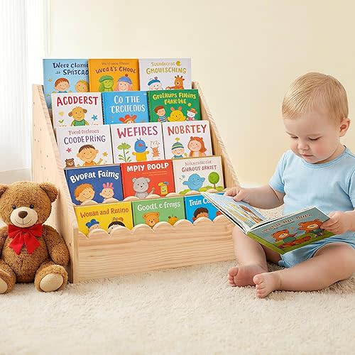 5 Tier Scalloped Bookshelf for Kids-16.7×11.1×15.7 in Montessori Bookcase for Toddlers Wooden Scalloped Book Shelf for Nursery Kids Rooms, Playroom and Classroom-Natural