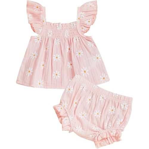 Hnyenmcko Infant Toddler Baby Girl Summer Clothes Floral Ruffle Sleeve Shirt Dress Tops and Bloomers Shorts Set Cute Outfits