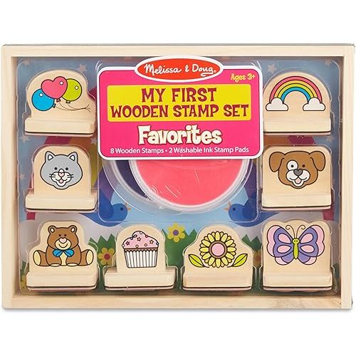 Melissa & Doug My First Wooden Stamp Set Favorites (8 Stamps with Handles, 2 Washable Ink Pads) Wooden Kids Stamps with Handles Set, for Kids Ages 3+