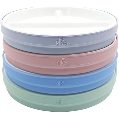 Elk and Friends Kids 7.8” Porcelain White Plates with Silicone Sleeves | Divided Plates | Suitable for Kids/Toddlers | Microwave & Dishwasher Safe | Non Slip | Snack Dishes…