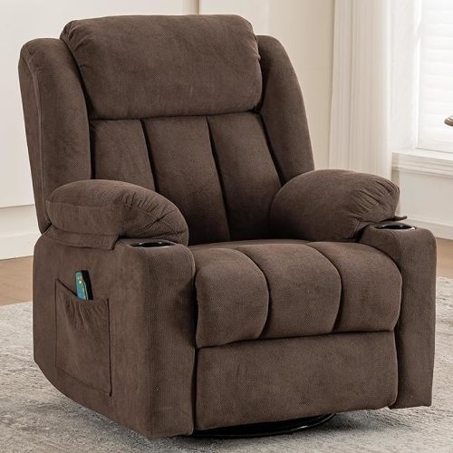 Rocker Swivel Recliner Chair for Adults, Overstuffed Large Manual Recliner Glider with Massage and Heat, Comfy Soft Fabric Living Room Reclining Sofa Chair (Cocoa1)