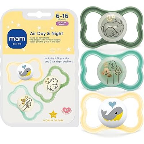 MAM Air Pacifier for Babies 6-16 Months, Extra Air Flow for Sensitive Skin, Glows in The Dark, Developed with Medical Experts, BPA-Free Skin Soft Silicone, 3 Count, Made in Europe