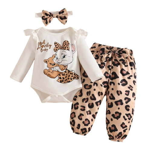Bellafa Newborn Baby Girl's 3pc Animal Prints Long Sleeve Romper and Pant Sets Cute Infant Easter Outfits with Bowknot Headband