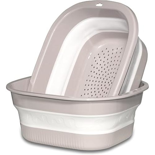 Collapsible Dish Basin with Colander, Foldable 2-in-1 Dish Pan and Strainer Set with Drain Holes, Portable Wash Basin for Kitchen Sink, Camping, Travel & RV (Pink)