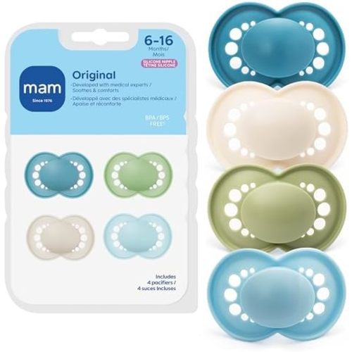 MAM Original Baby Pacifier 6-16 Mths, Skin Soft Silicone Nipple, 4 Pack