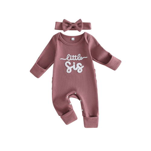 BemeyourBBs Newborn Baby Girls Little Sister Outfits Waffle Knit Romper Little SisLetter Embroidery Long Sleeve Back Ruffled Jumpsuit with Headband Spring Fall Winter Clothes