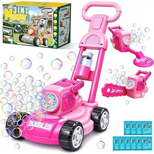 Bubble Lawn Mower for Kids, 3-in-1 Bubble Machine Blower with 10 Bubble Solution, Outdoor Push Toys for Toddlers Ages 3-8, Birthday Easter Summer Gift for Boys Girls 3 4 5 6 7 8 Year Old