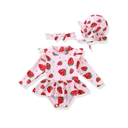 Renotemy Infant Baby Girls Swimsuit Toddler Bathing Suit Long Sleeve Zipper One-Piece Rash Guard Ruffle Swimwear with Hat