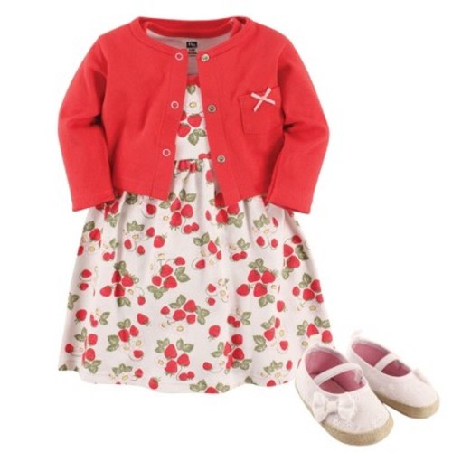 Hudson Baby Infant Girl Cotton Dress, Cardigan and Shoe 3pc Set, Strawberry, 6-9 Months