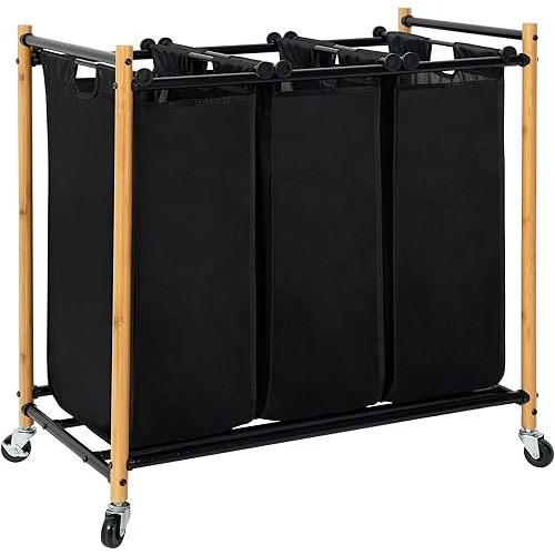 STORAGE MANIAC 3 Section Laundry Sorter, 35.9 Gal (136 L) Laundry Hamper Cart with Heavy Duty Rolling Lockable Wheels and Removable Bags, Clothes Organizer Basket Clothes Separator Hamper, Bamboo