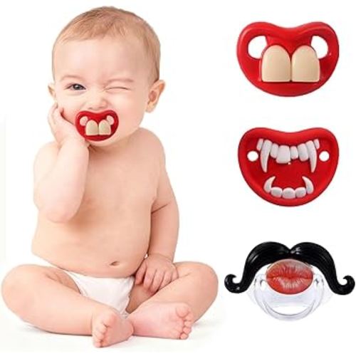 Funny Baby Pacifiers,Mustache Pacifiers for Babies 0-18 Months,Baby Teeth and Vampire Pacifier Funny Pacifiers for Boys and Girls BPA Free