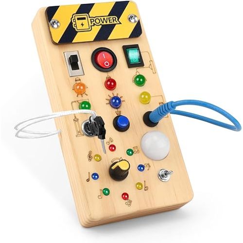 Busy Board with led Light， Sorting Sensory Travel Toys for Toddlers 1-3， Wooden Toddler Busy Board Montessori Toys for 1+ Year Old