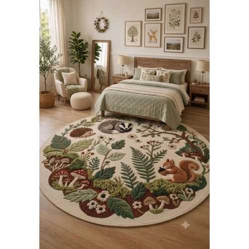 Woodland Forest Animals Round Area Rug – Squirrel, Badger & Hedgehog Nature Nursery Carpet