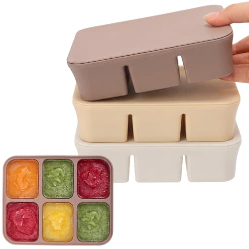 3 Pack Baby Food Freezer Tray with Lids,6 Cups,White, Yellow, Brown | 2.13 oz x 6 Cups/1.15 oz x 12 Cups Silicone Baby Food Storage Container, Ice Cube Molds, for Homemade Vegetable Fruit Snack