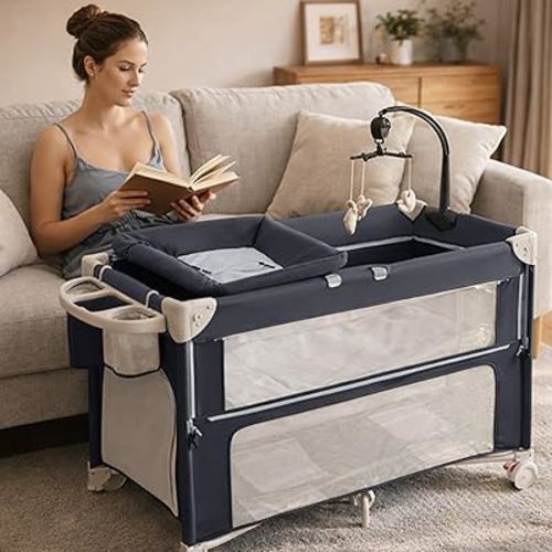 5-in-1 Pack and Play, Foldable Baby Bassinet Bedside Sleeper,One-Push Bedside Crib with Playard, Includes Mattress, Changing Table, Mosquito Net, Music Toy & Storage for Newborn to Toddler (Dark Grey)