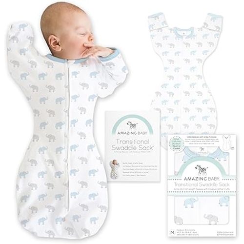 Amazing Baby Transitional Swaddle Sack, Arms Up Half-Length Sleeves & Mitten Cuffs, Swaddle for Newborn Transition to Baby Sleep Sack Wearable Blanket, Med, 3-6 month, 14-21 lb, Blue Tiny Elephants