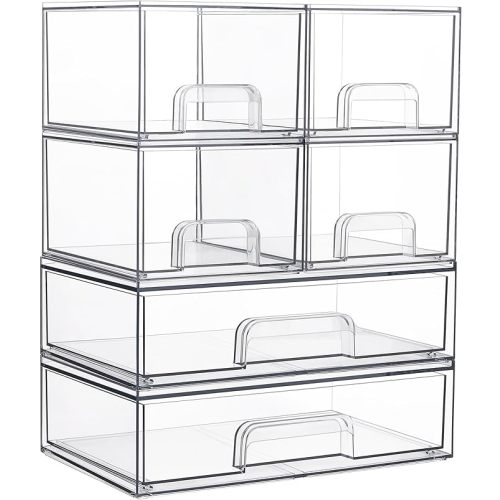 Vtopmart Stackable Storage Drawers Set of 6, Clear Plastic Organizer Bins for Bathroom Supplies,Ideal for Cabinet,Pantry,Laundry Room Organization