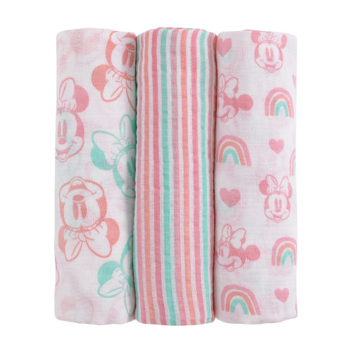 Disney NoJo Disney Minnie Mouse Pink, Aqua, and White 3 Piece Muslin Swaddle Baby Blanket Set | Wayfair