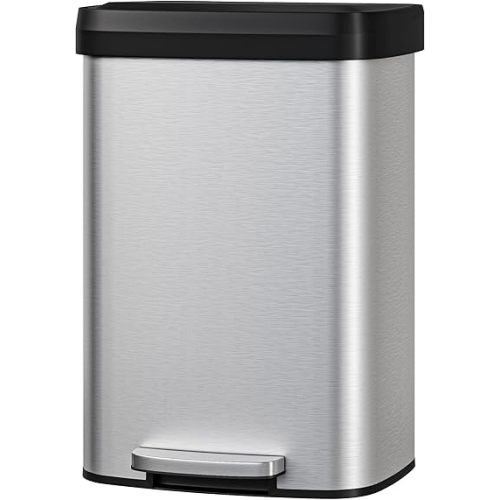 Garvee 13 gal / 50 L Stainless Steel Trash Can with Lid, Large Garbage Can for Kitchen, Rustproof Step-on Kitchen Metal Trash Bin with Liner Rim, Rear Handle, Soft Close Plastic Lid, Silver