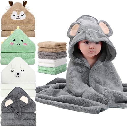 12 PCS Baby Bath Towels Set for Newborn Toddlers, 4 PCS Hooded Baby Towels & 8 PCS Washcloths, Ultra Absorbent Newborn Bath Essentials Gift for Boys & Girls